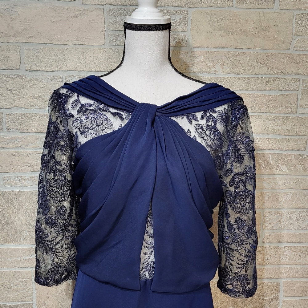 TADASHI SHOJI TWIST TOP EMBROIDERED MESH CREPE LONG DRESS DARK BLUE - Picture 8 of 8